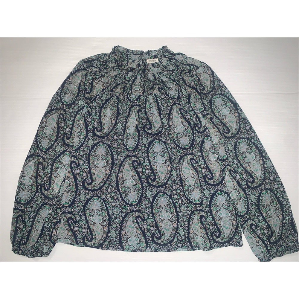 J. Crew Smocked Long Sleeve Blouse Womens M Floral Chiffon Paisley Blue Green